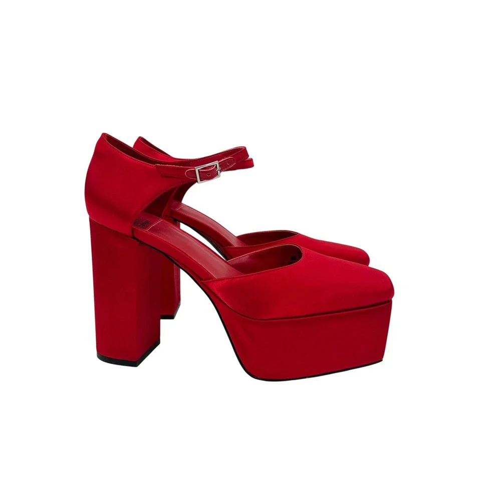 Jeffrey Campbell Over N Out Red Satin Platform Mary Jane Heels Square Toe 9